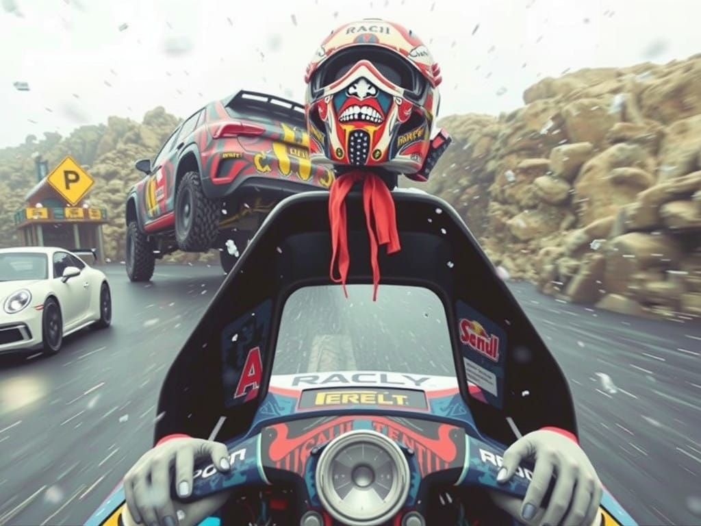 Rally car wrapped in "rain and snow" artwork