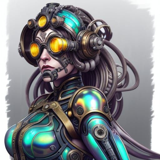 Surreal Biomechanical Woman in Neon-Lit Industrial Decay