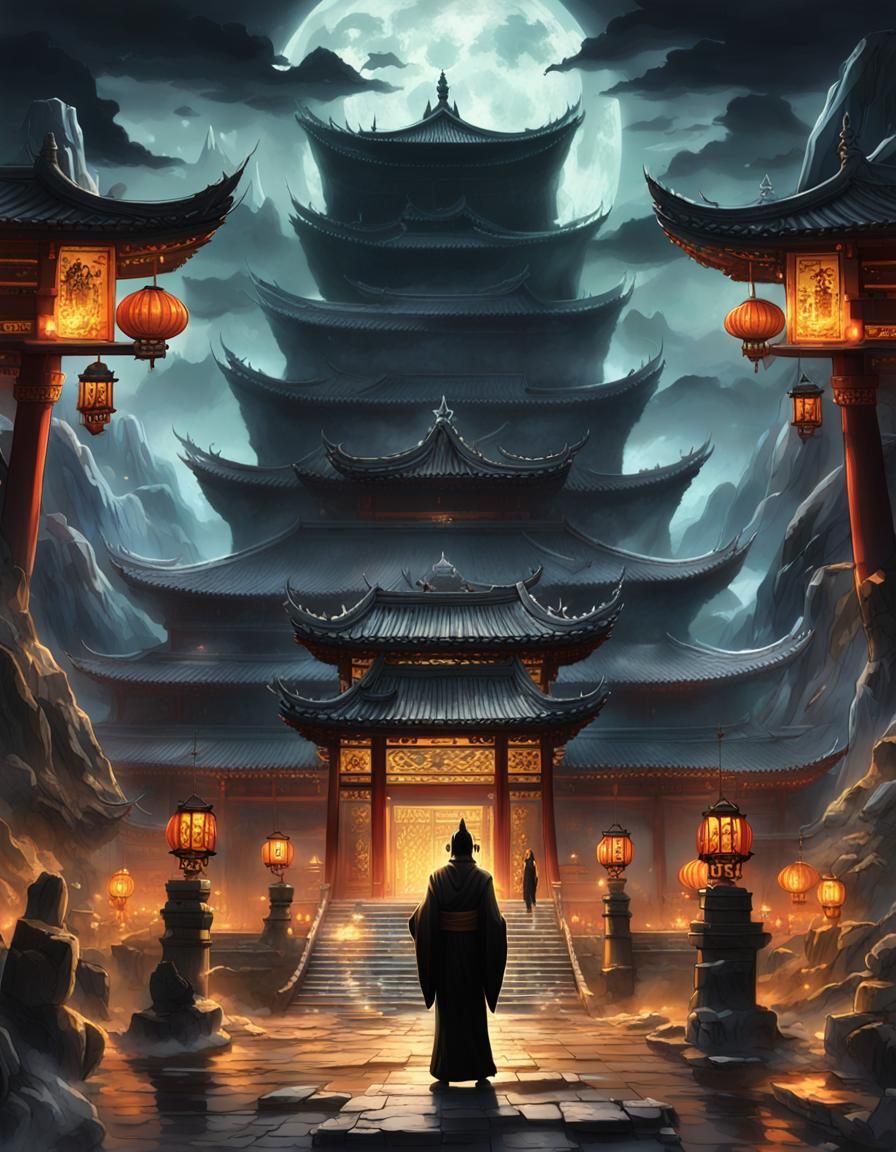 Ancient Chinese Temple with Black Mist and Lanterns