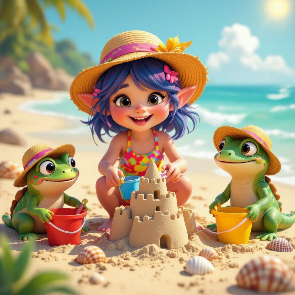 Charming 3D Beach Scene with Troll and Friends