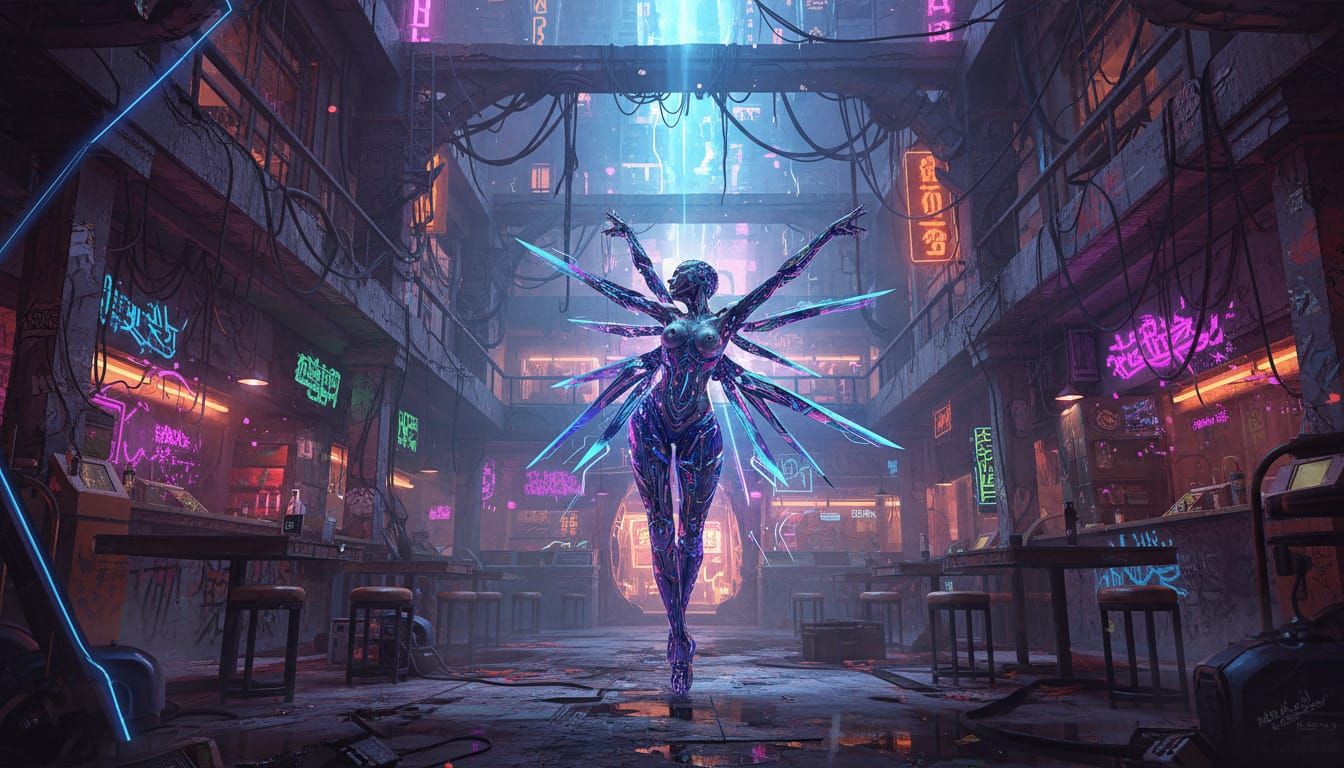 Cybernetic Woman Dancing in Neon Cafe
