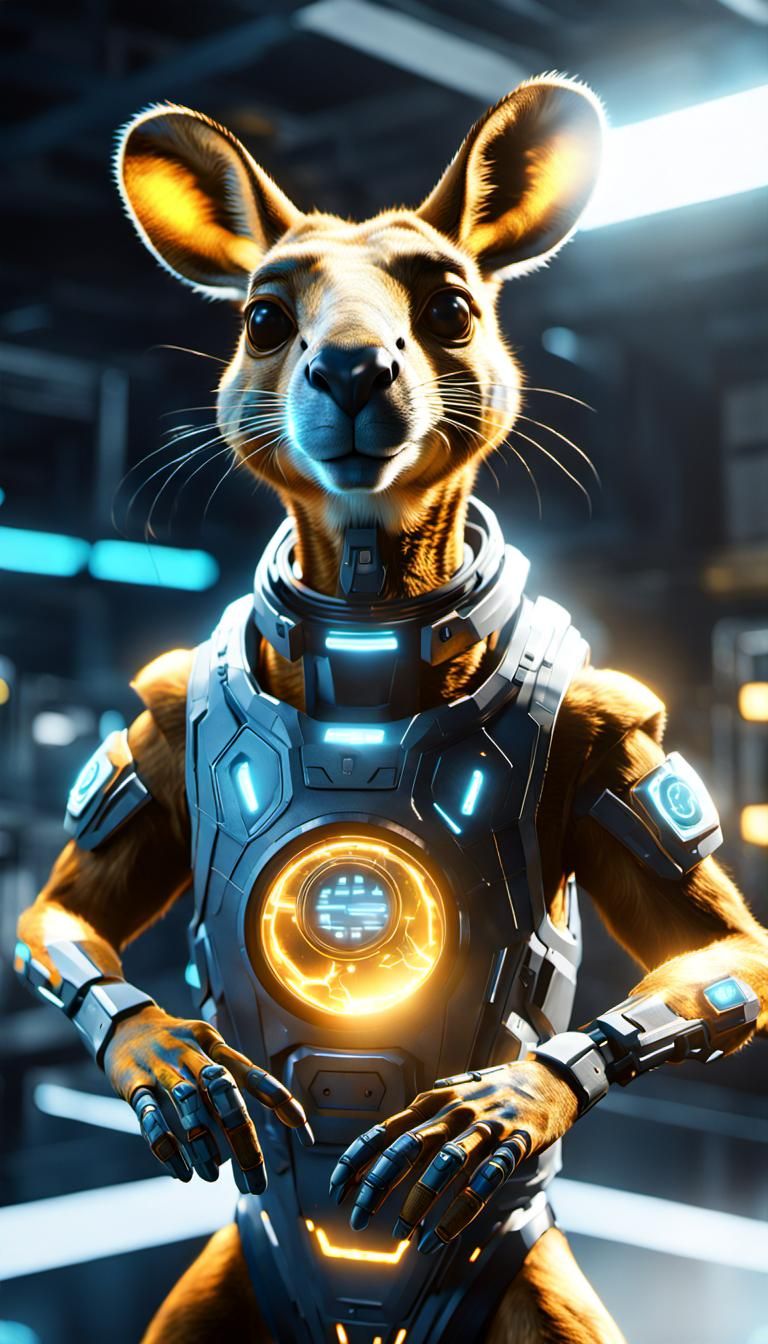 Cybernetic Kangaroo Portrait in Biopunk Laboratory