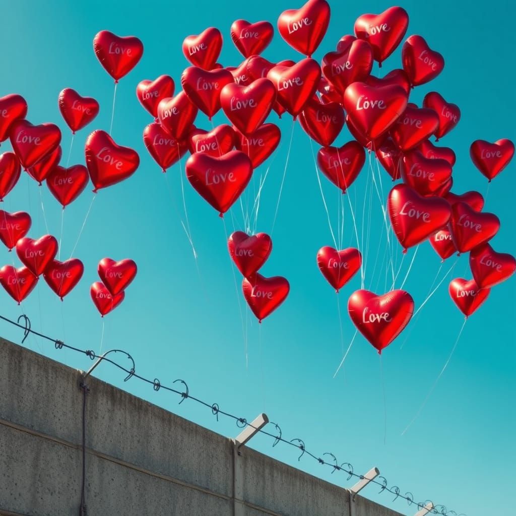 Vibrant Red Heart-Shaped Balloons Float in Whimsical Sky