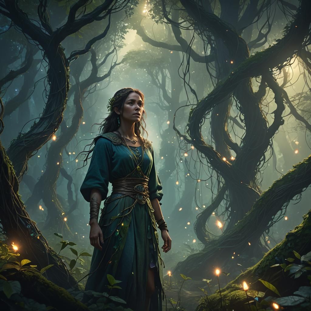 Mystical Woman in Enchanted Forest Concept Art