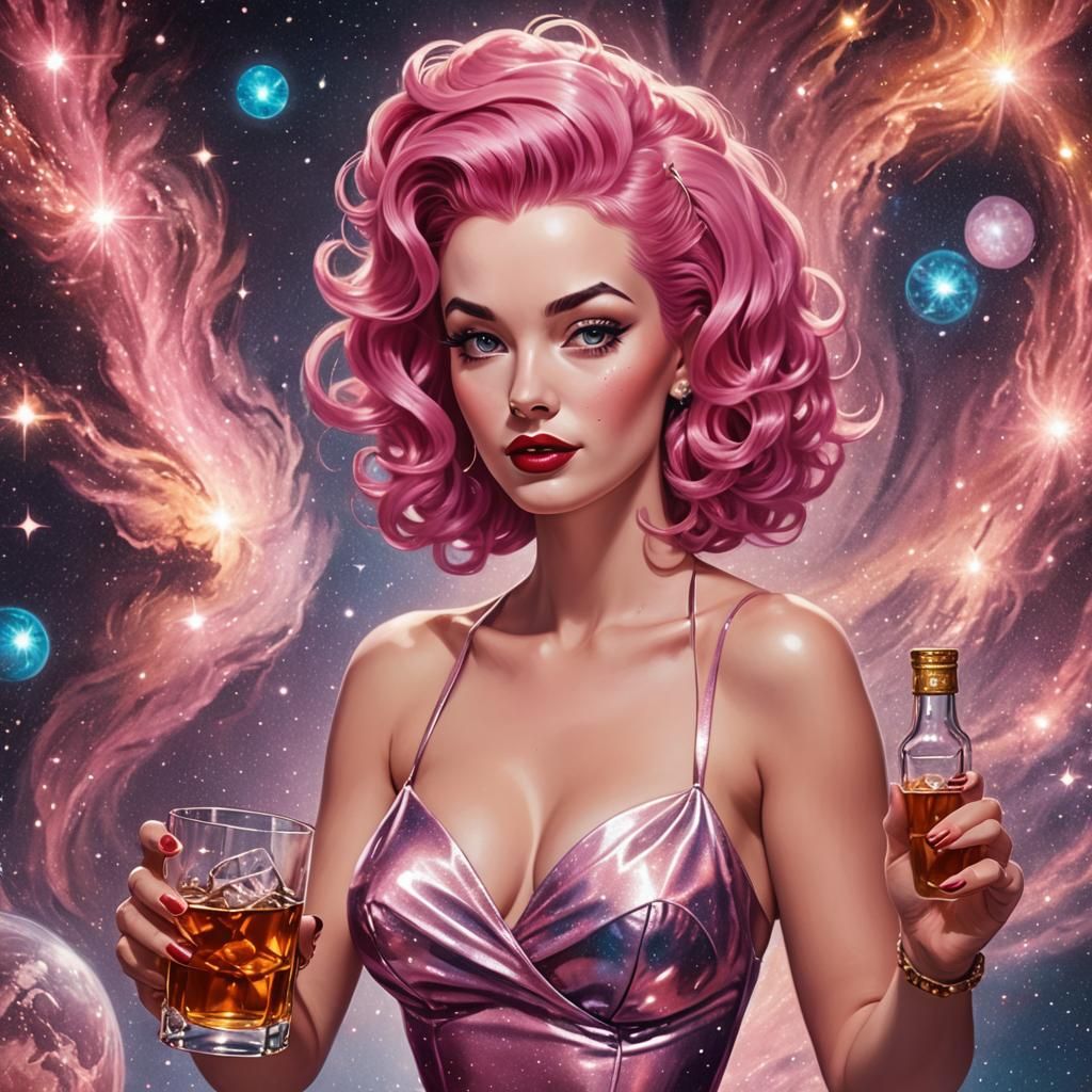 Attractive 1950s Pinup Girl Drinks Whisky: Digital Art