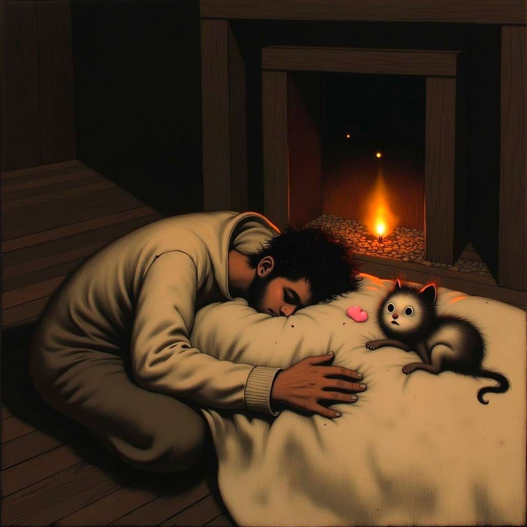 Golden Candlelight Illuminates a Cozy Moment with Man, Puppy...