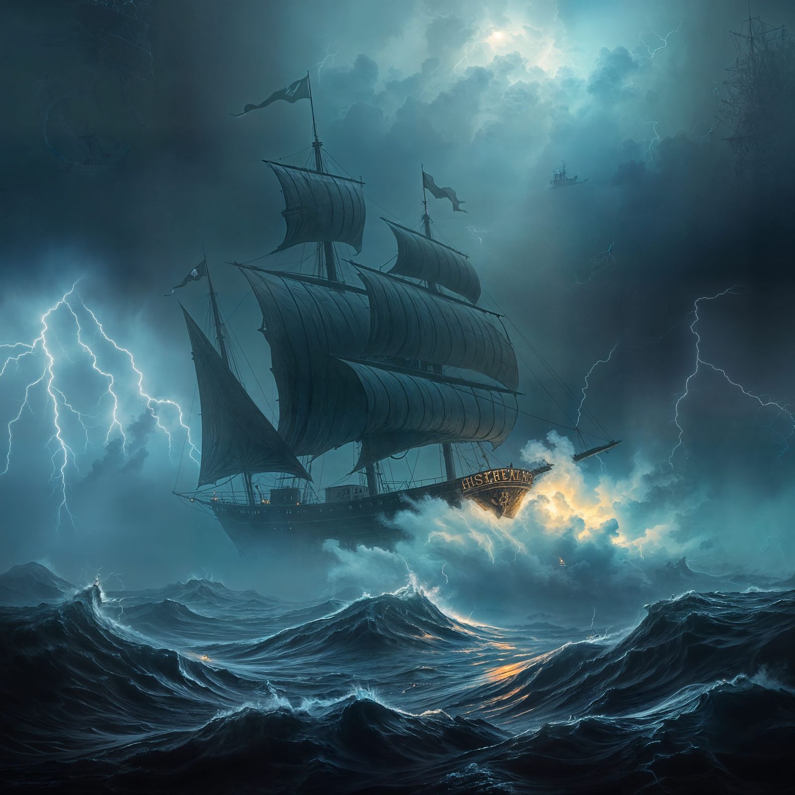 Ghost Ship Amidst Lightning Storm at Sea