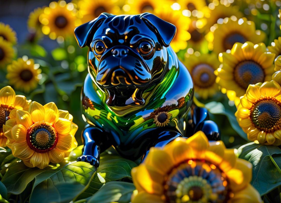 Blown Glass Sculpture: Pug with Sunflowers