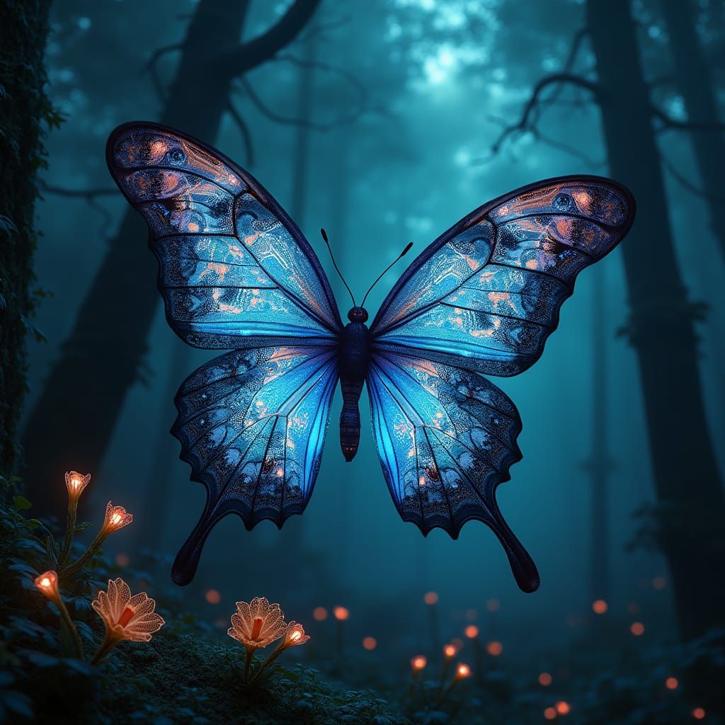 Bioluminescent Butterfly with Fractal Wings in Art Nouveau S...