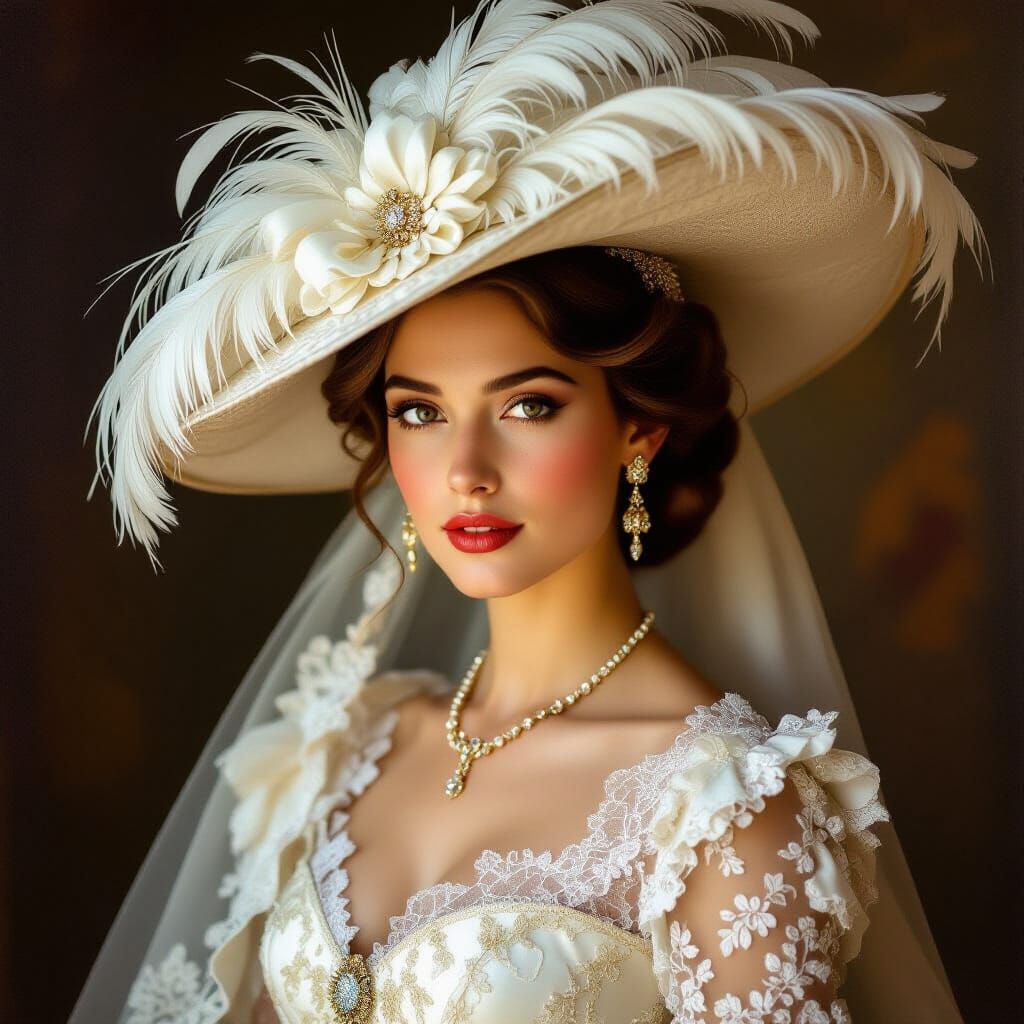 Baroque Wedding Gown and Feathered Hat in Oil Painting Style