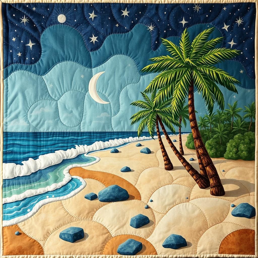 Patchwork Beach with Medieval Appliqué in Gouache