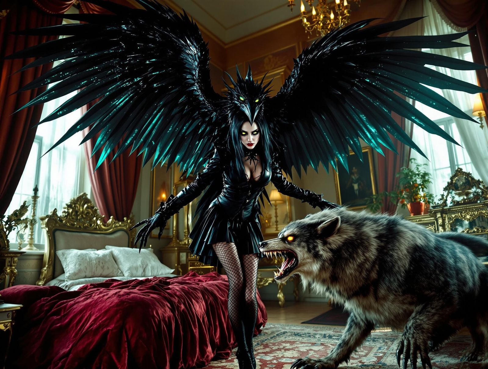 Gothic Crow Goddess Confronts Werewolf in Dark, Baroque Sanc...