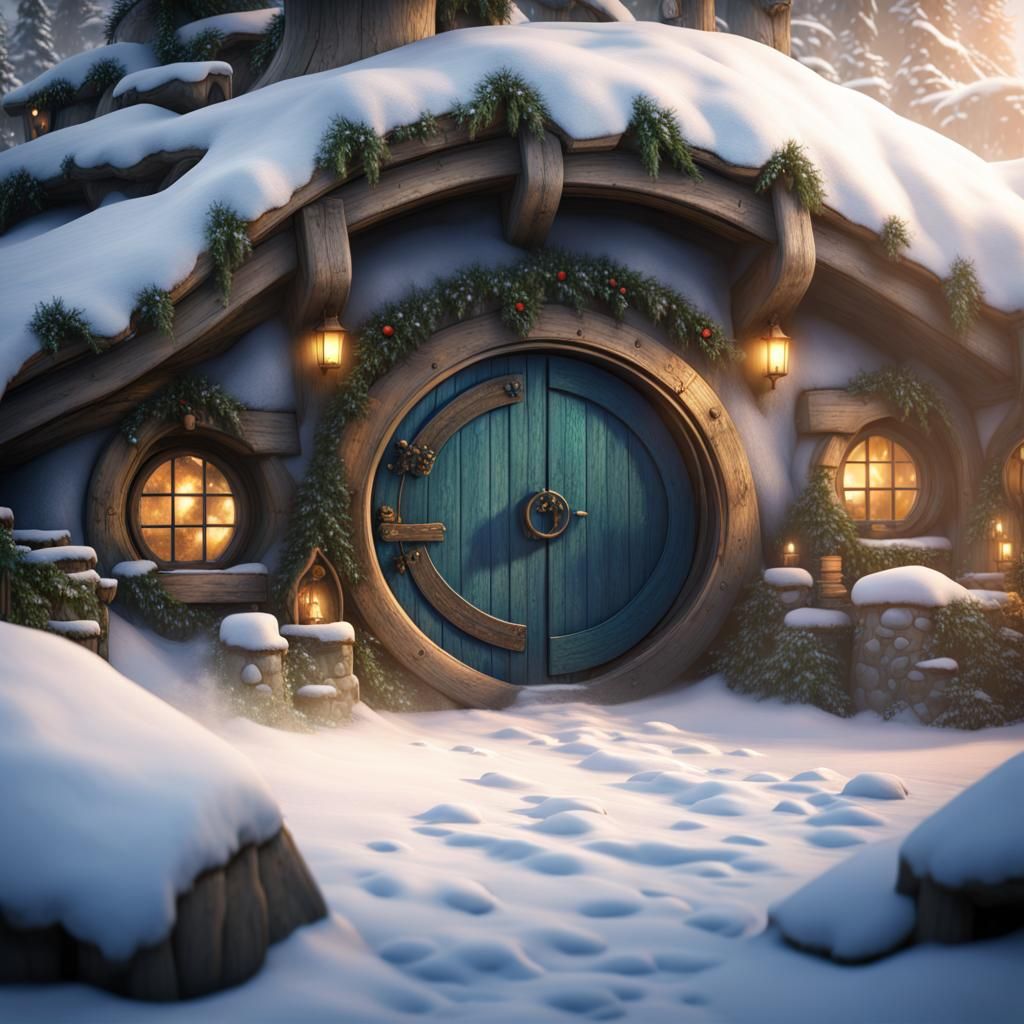Hobbit Hole Door in Snowy Christmas Fog