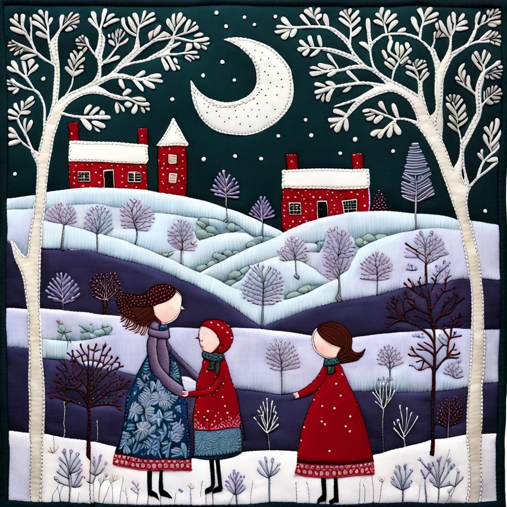 Whimsical Snowy Night in Folk Art Style