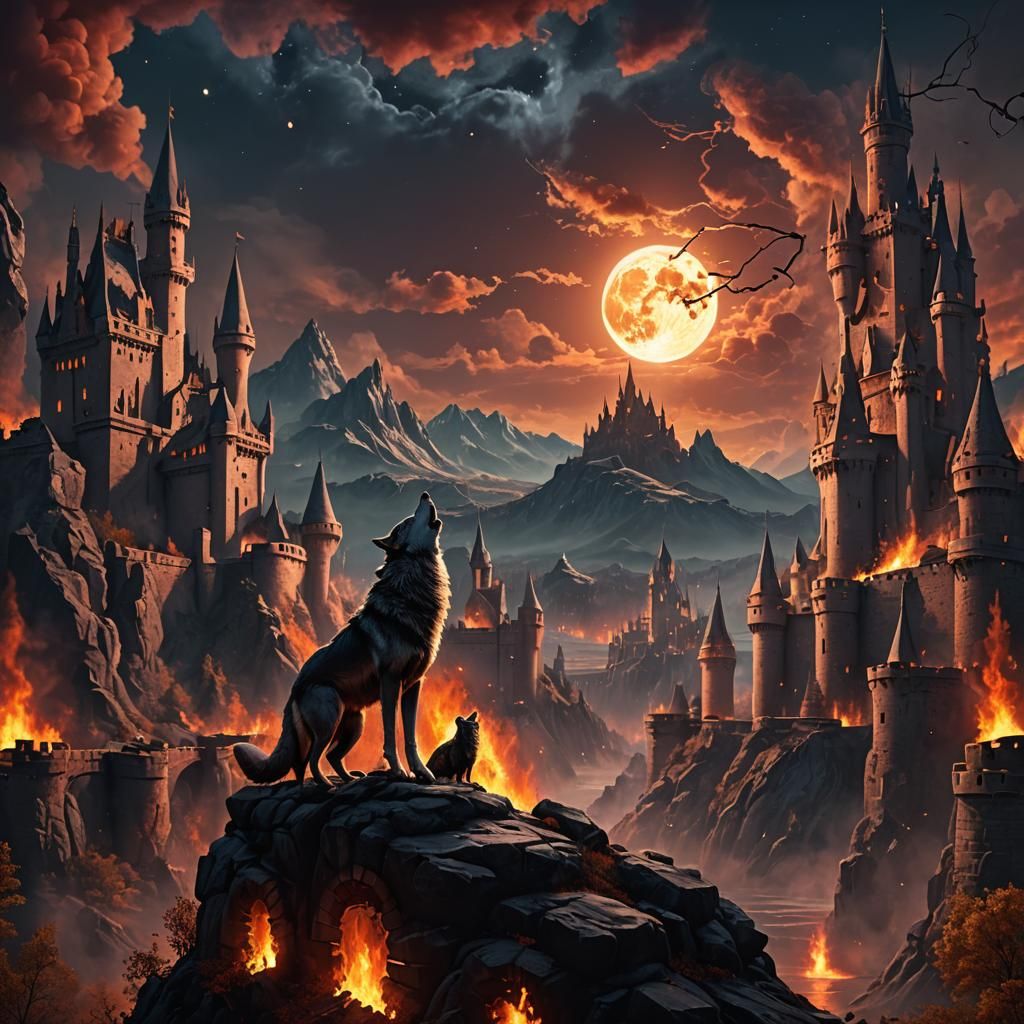 Wolf Howling at Moonlit Castle Fire: Matte Painting