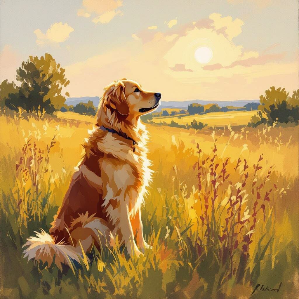 Golden Retriever in Sunlit Meadow Impressionistic Oil Painti...