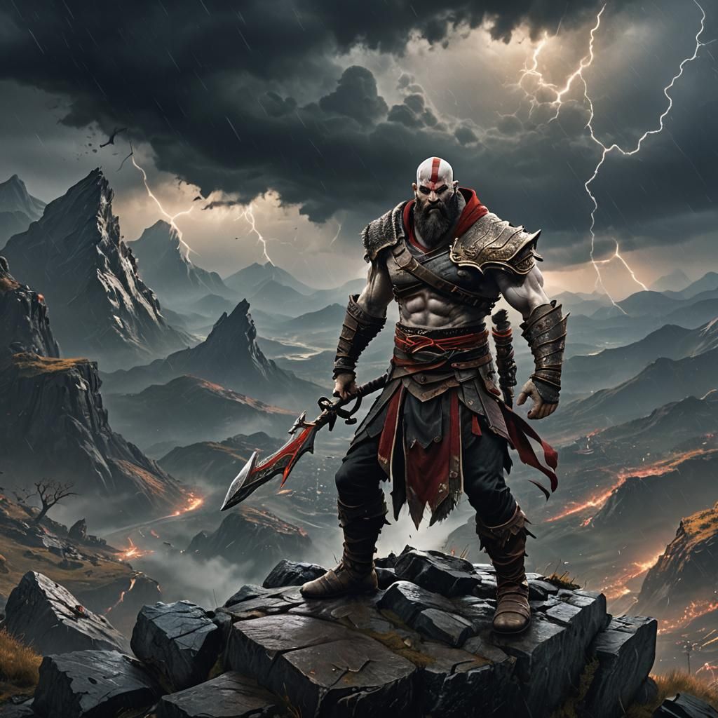 Kratos Wielding Blades of Chaos on Mountain Peak