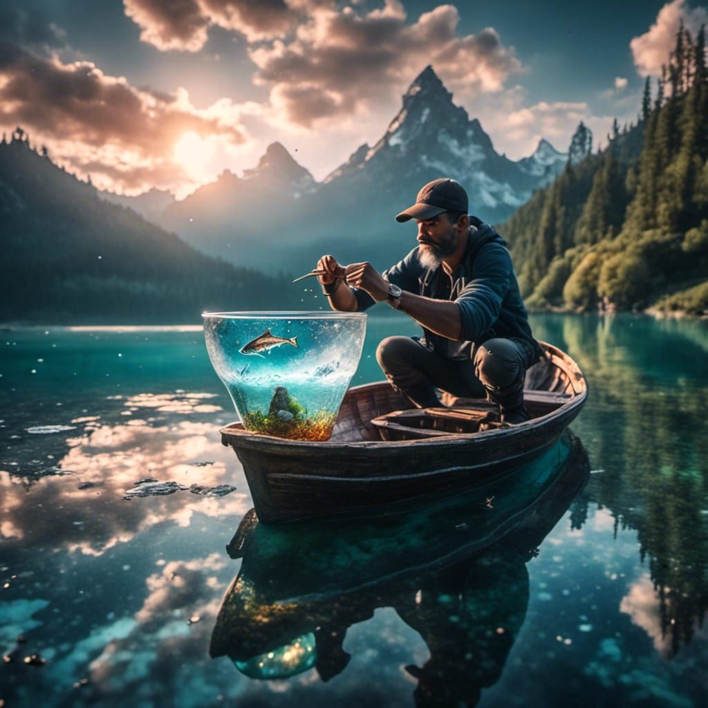 Fisherman in Transparent Cup Boat, Photorealistic
