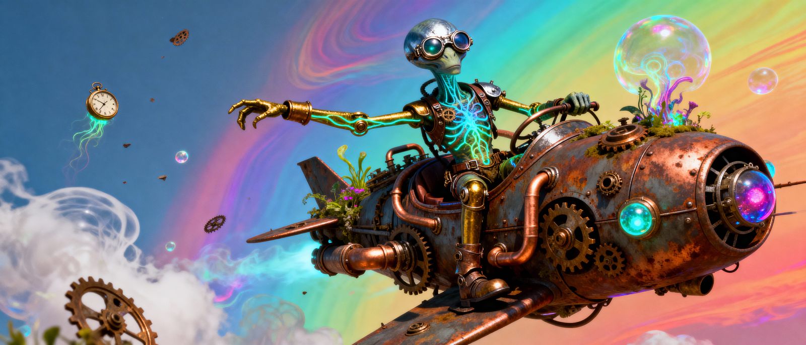 Steampunk Alien Piloting Spaceship in Rainbow Sky