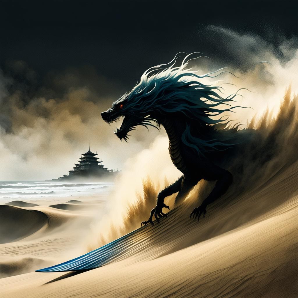 Japanese Dragon Surfing Sand Dunes in Anime Style