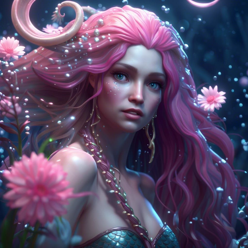Beautiful Mermaid with Long Hair in 3D Cinematic Style