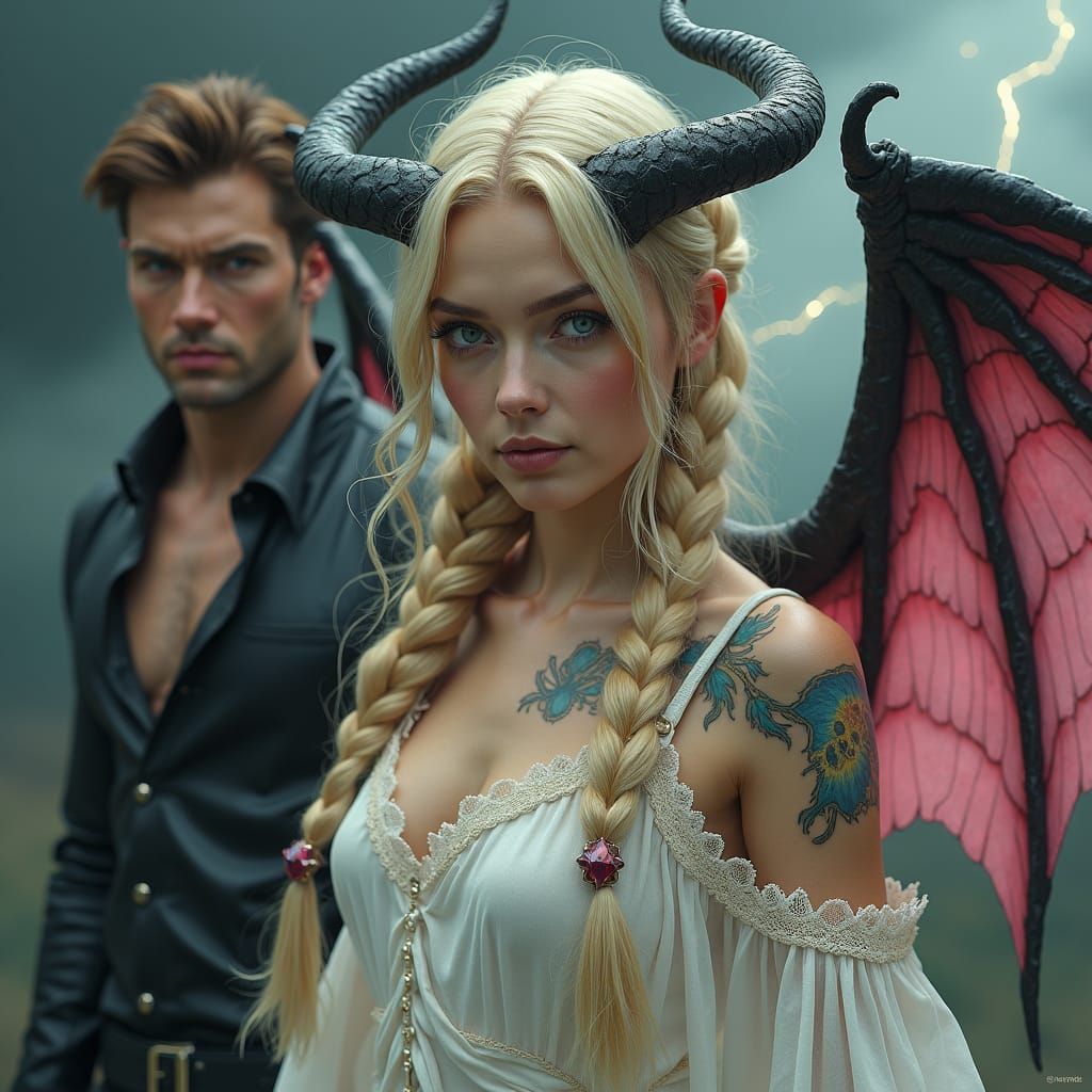 Ethereal Blonde with Demonic Wings and Tattoos