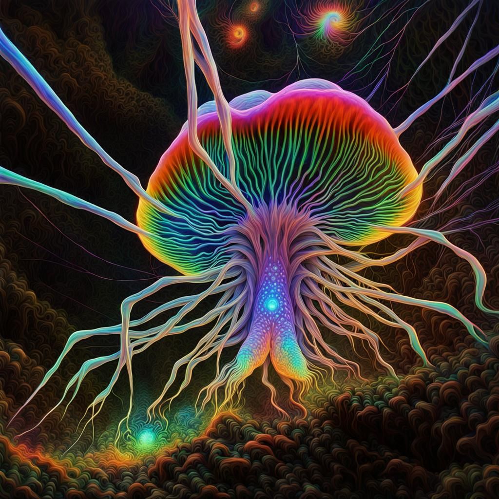 Bioluminescent Rainbow Mushrooms in Abstract Fractal Design