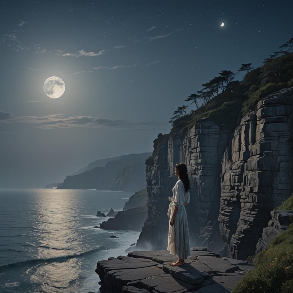 Moonlit Woman on Cliff: Photorealistic Painting