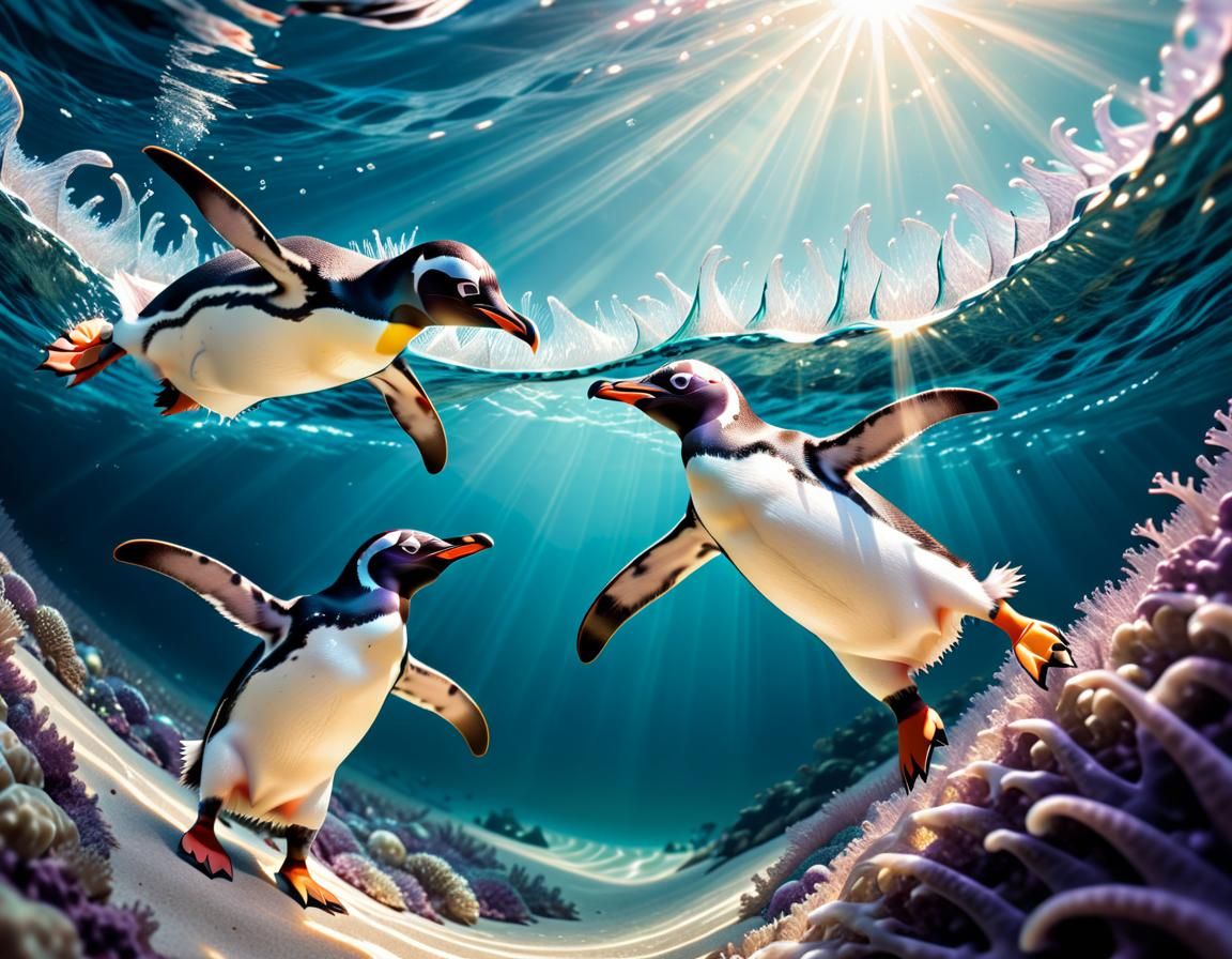 Penguins Hunting Underwater: An Abstract Vector Art