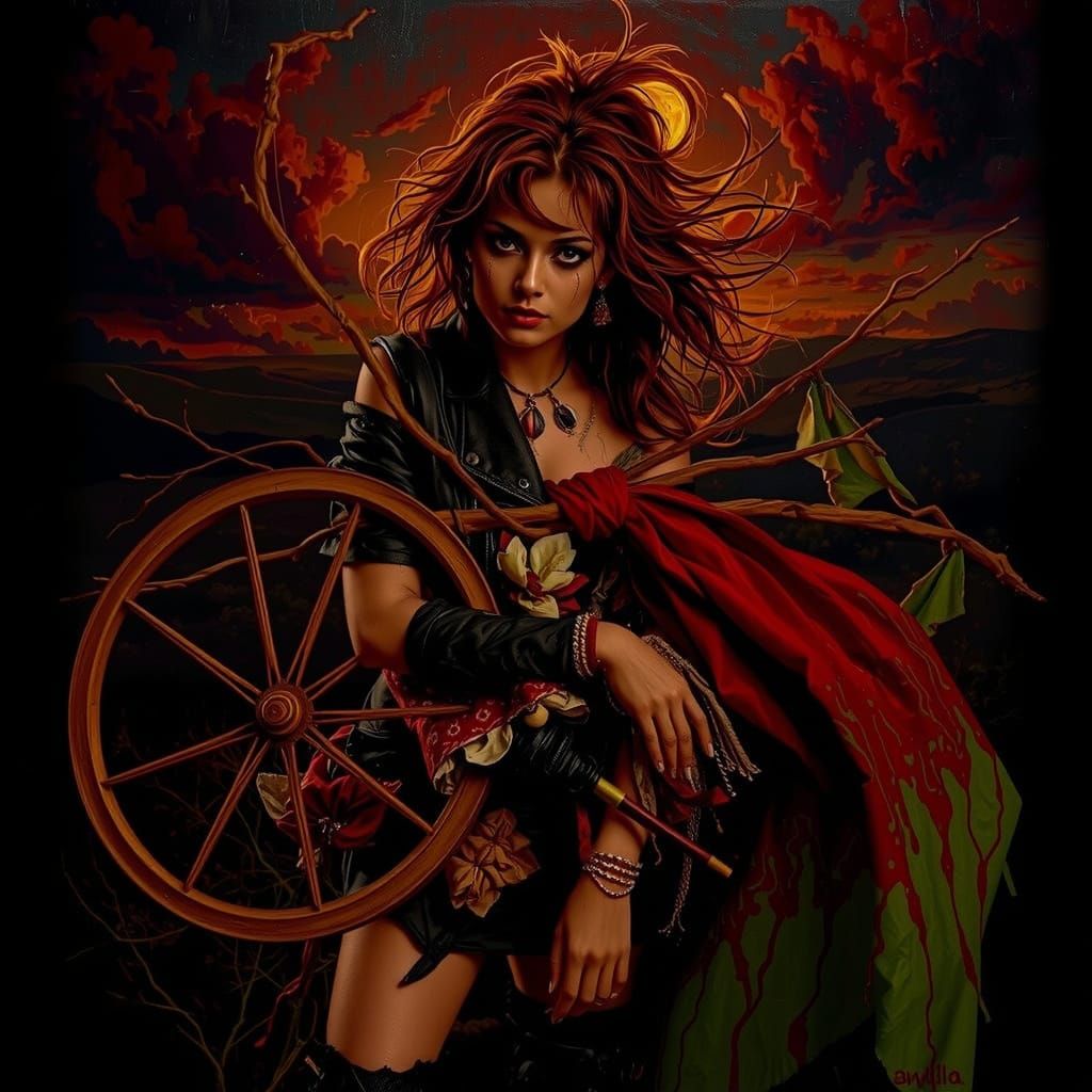 Glamorous Woman in Tattered Luxury on Windswept Moor