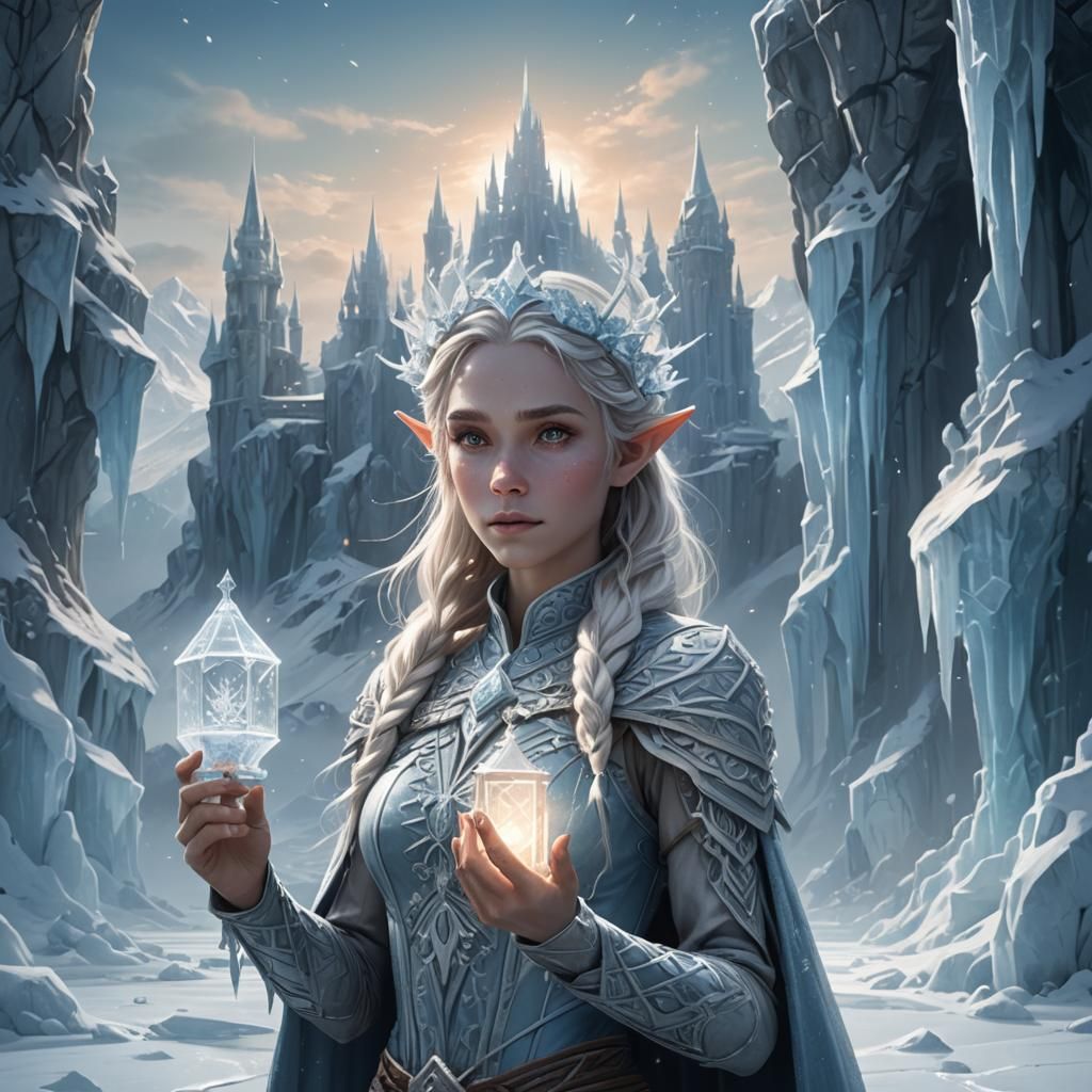 Snow Elf in Frozen Landscape: Detailed Matte Painting
