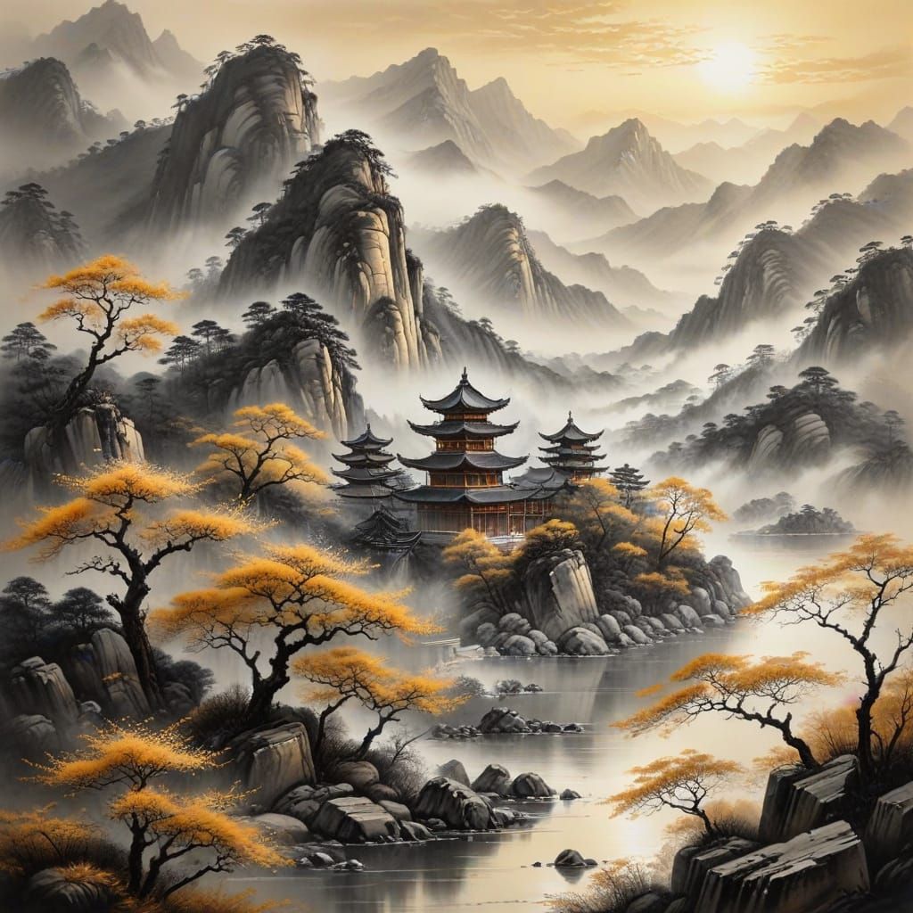 Traditional Chinese Landscape Painting in Ink Wash Style