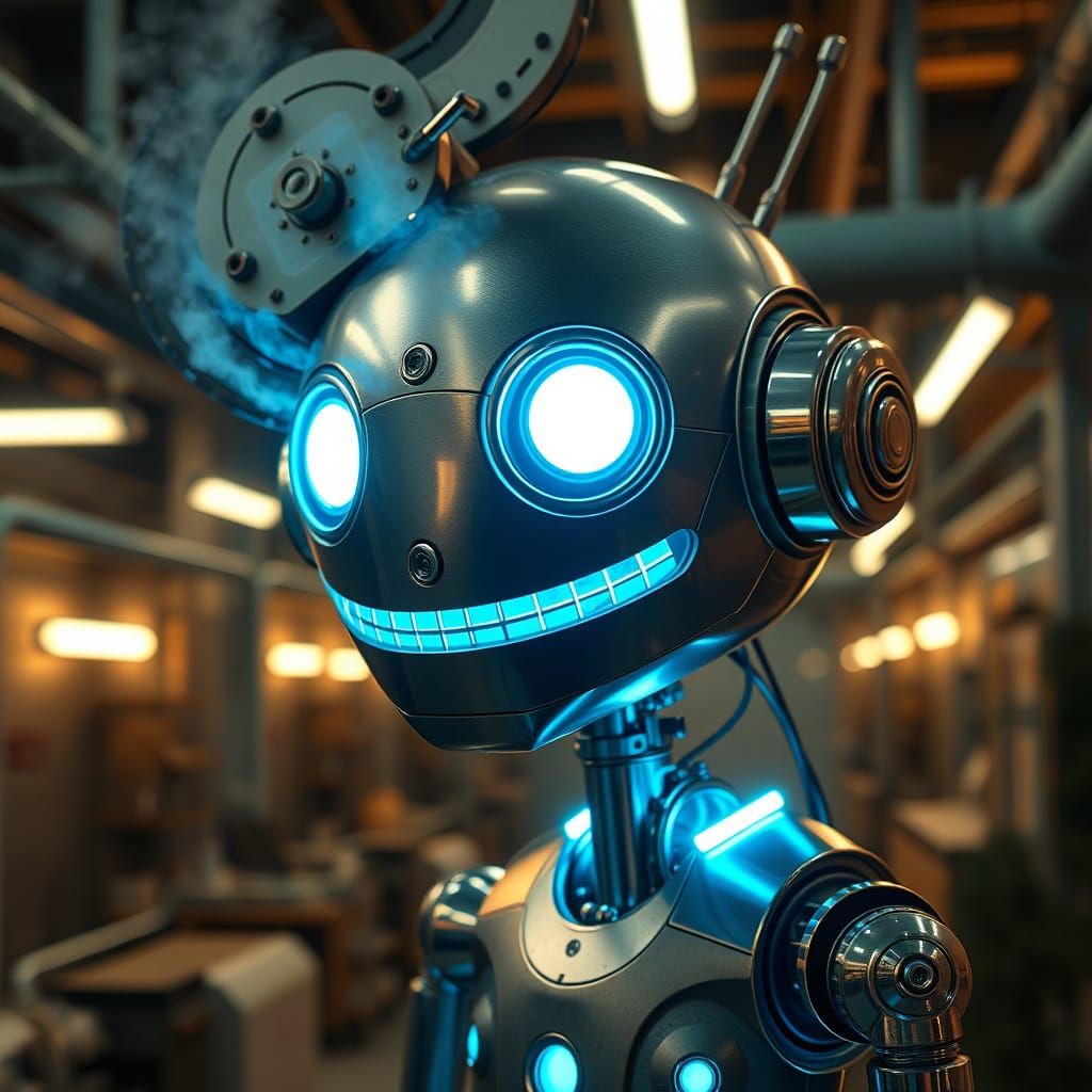 Futuristic Biomechanical Robot in Dystopian Factory