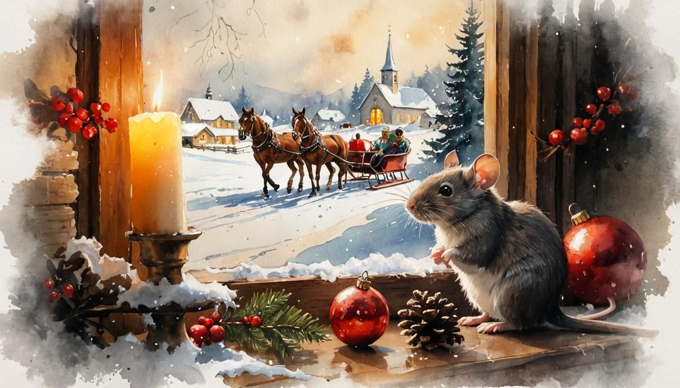 Festive Christmas Watercolor Still Life with Sleigh