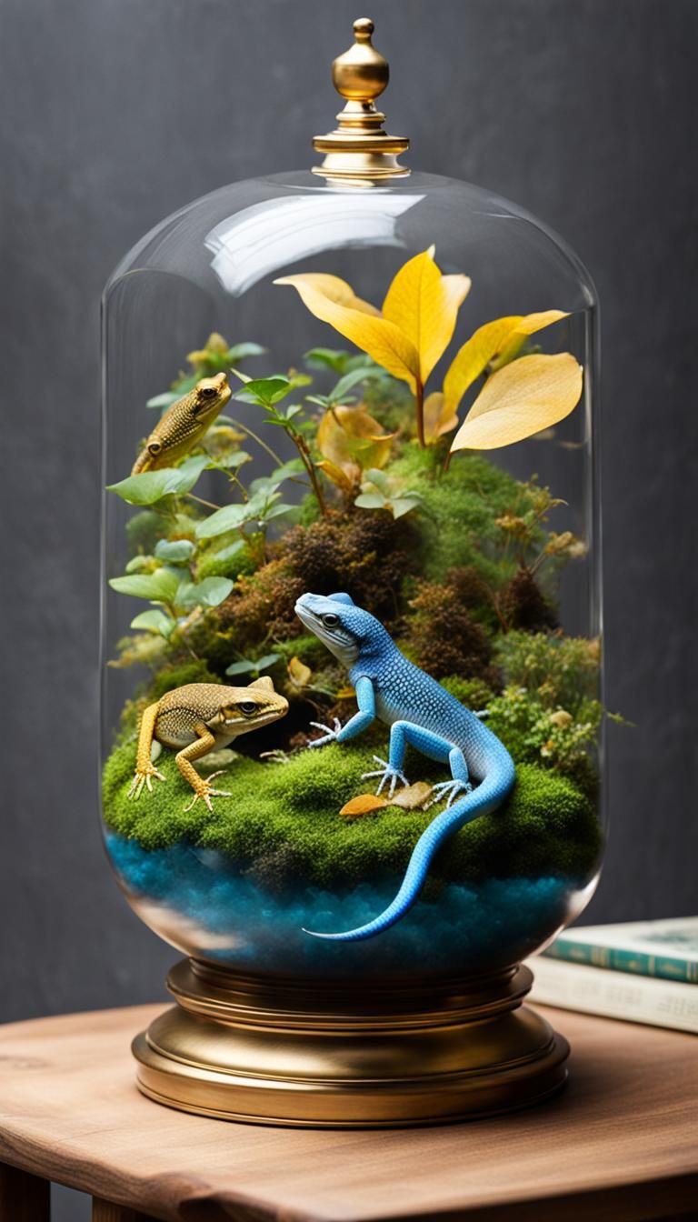 Hourglass Terrarium with Colorful Lizards