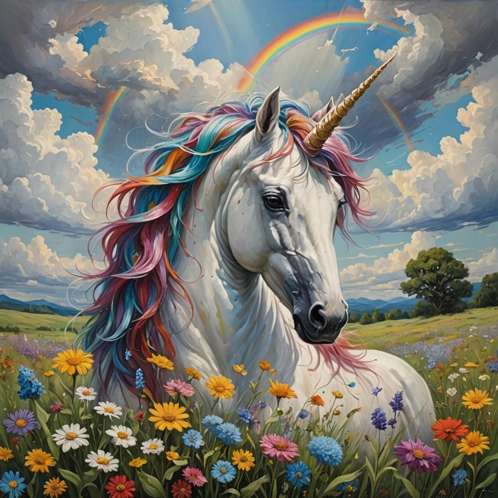 Unicorn with Rainbow Hair as Oil Painting