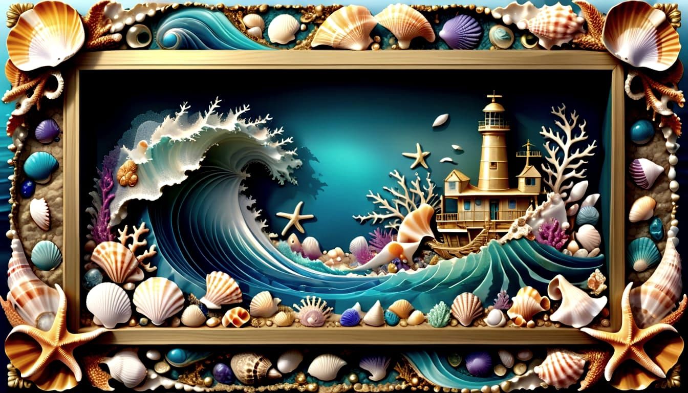 Vibrant Ocean Scene in Golden-Antique Style