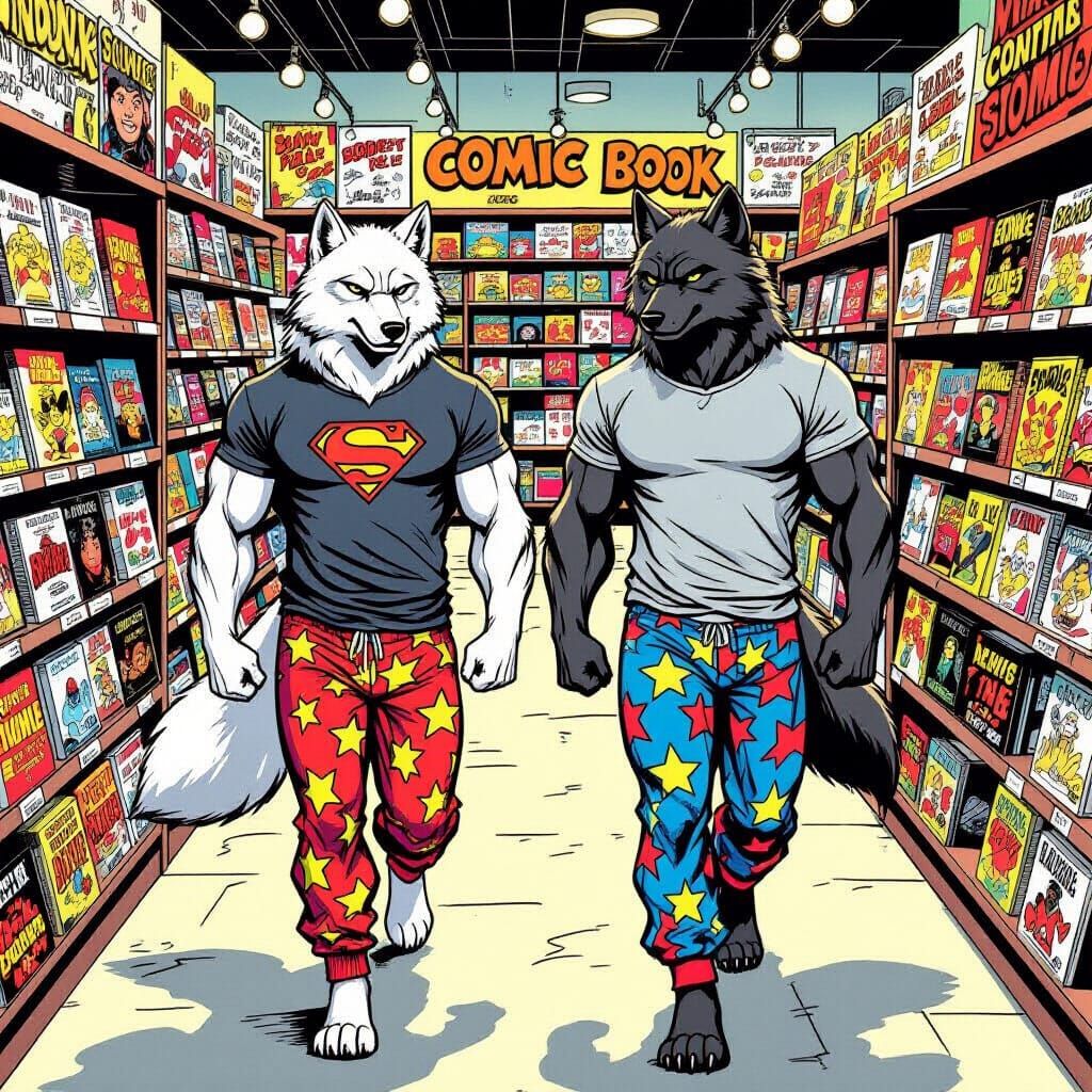Muscular Wolves in Pajamas at Comic Book Store
