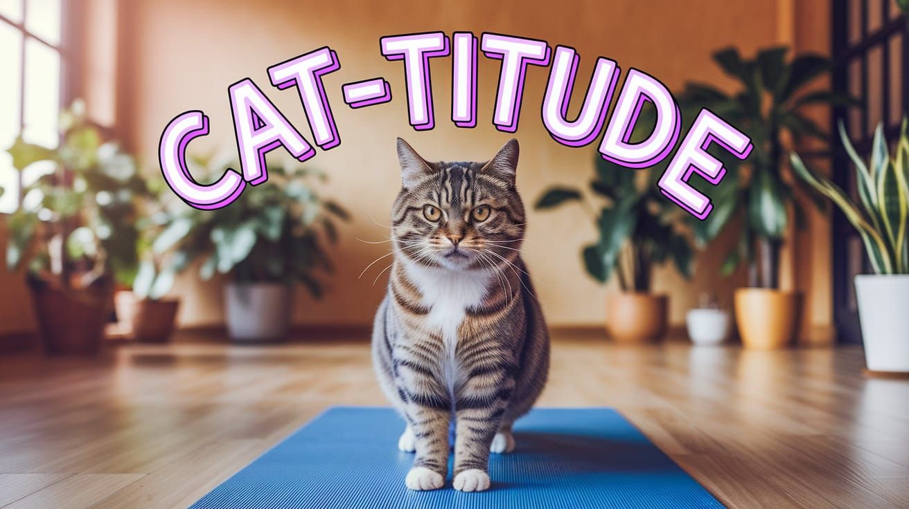 Playful Cat on Yoga Mat with "Cat-titude" Text