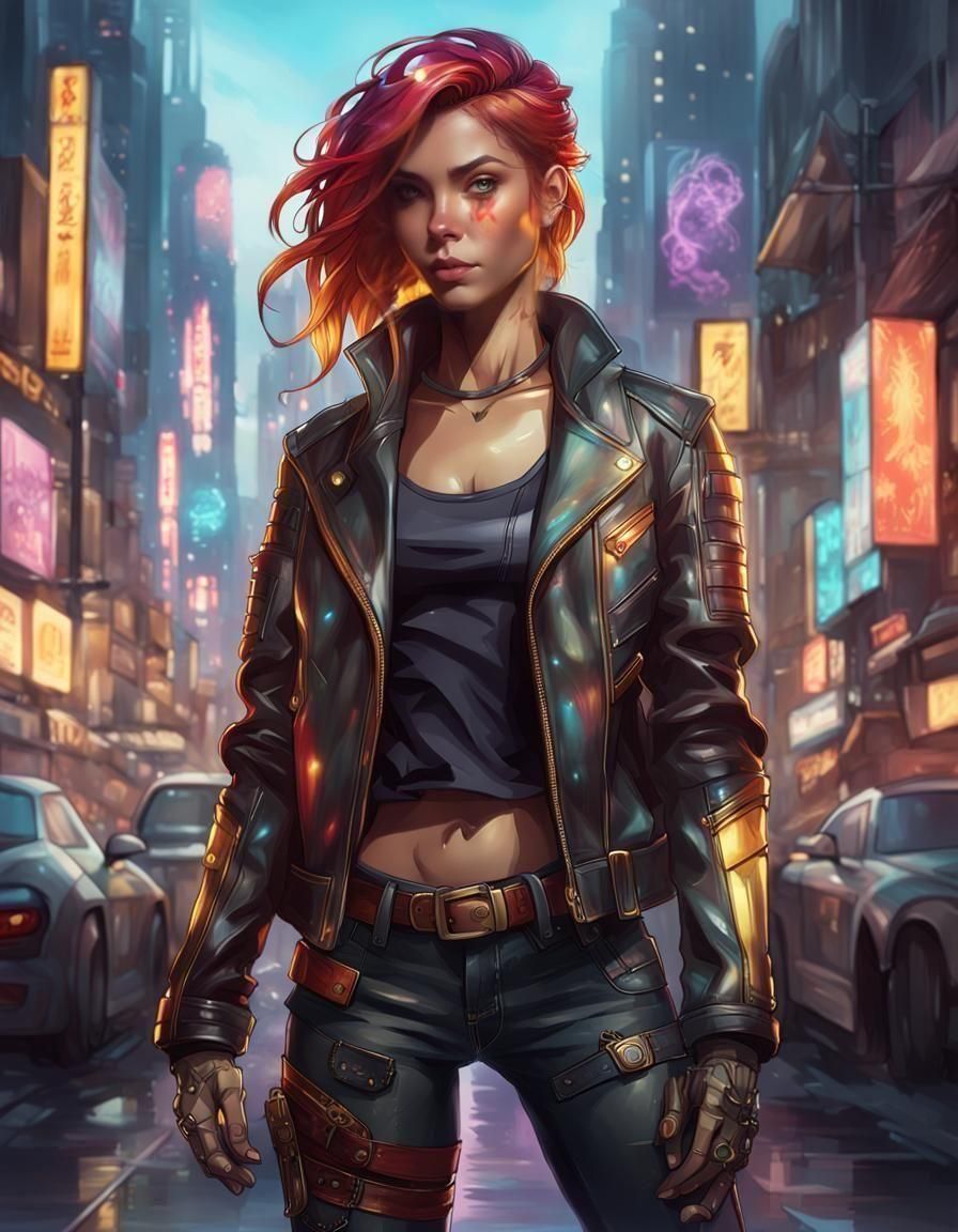 Sunset Shimmer Cyberpunk Portrait in Leather Jacket