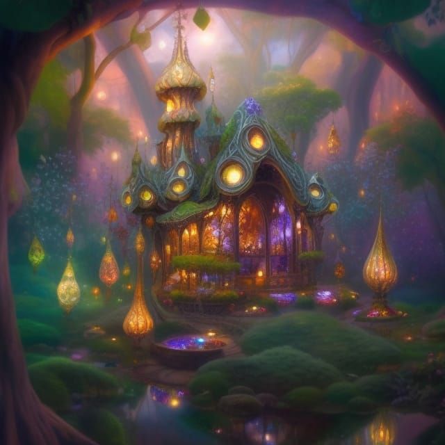 Magical Art Nouveau Fairy House Under Starry Sky