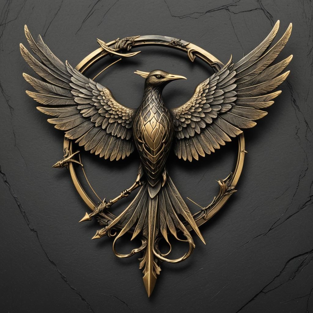 Hyper-Realistic Charcoal Mockingjay Pin with Gold Accents