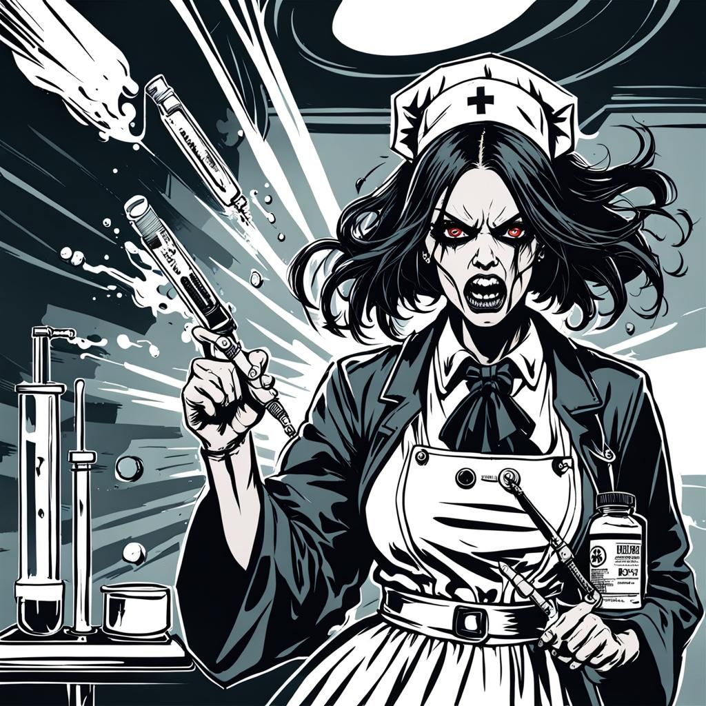 Nurse's Rage: Gothic Comic Style Syringe Scene