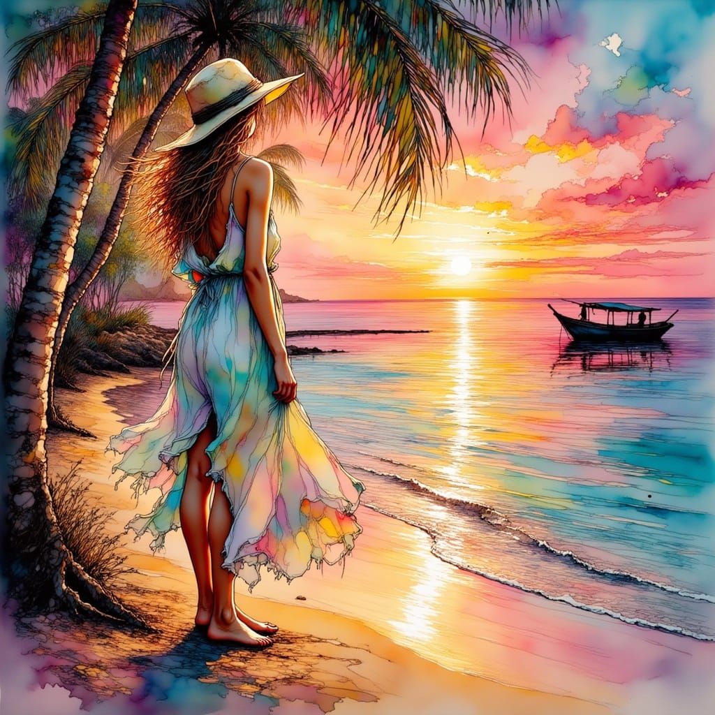 Summer Beach Scene in Impressionist Style