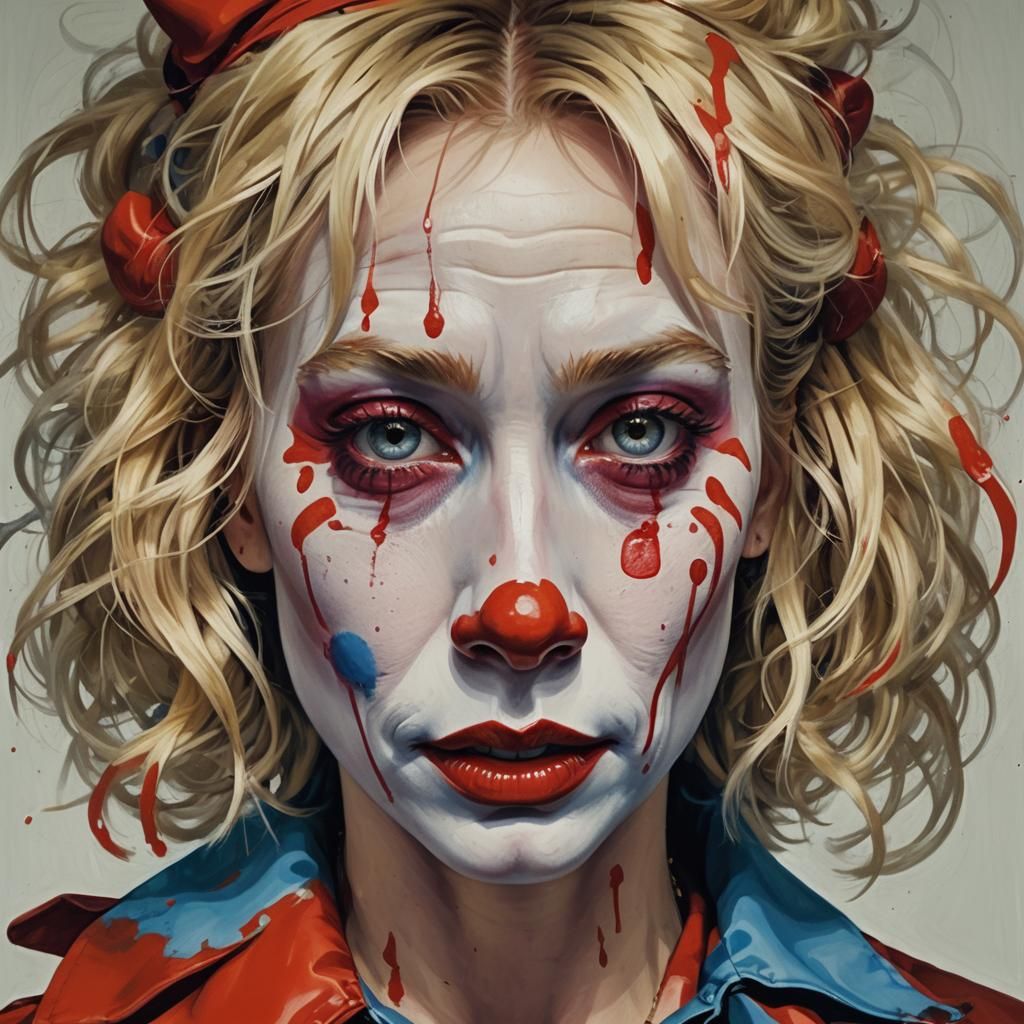 Serene Blonde with Clown Makeup in Dramatic Lighting
