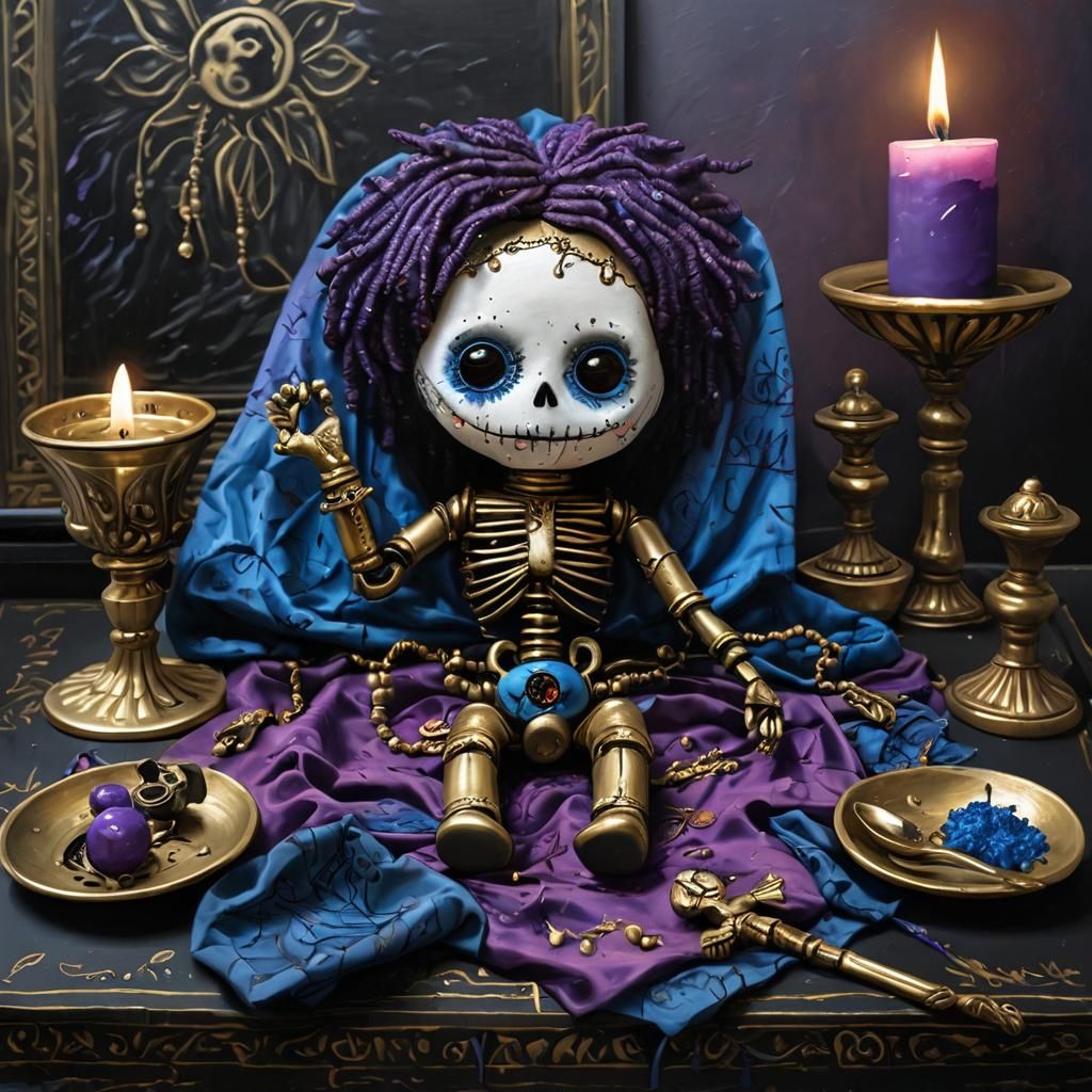 Voodoo Doll on Ritual Table: Detailed Oil Painting
