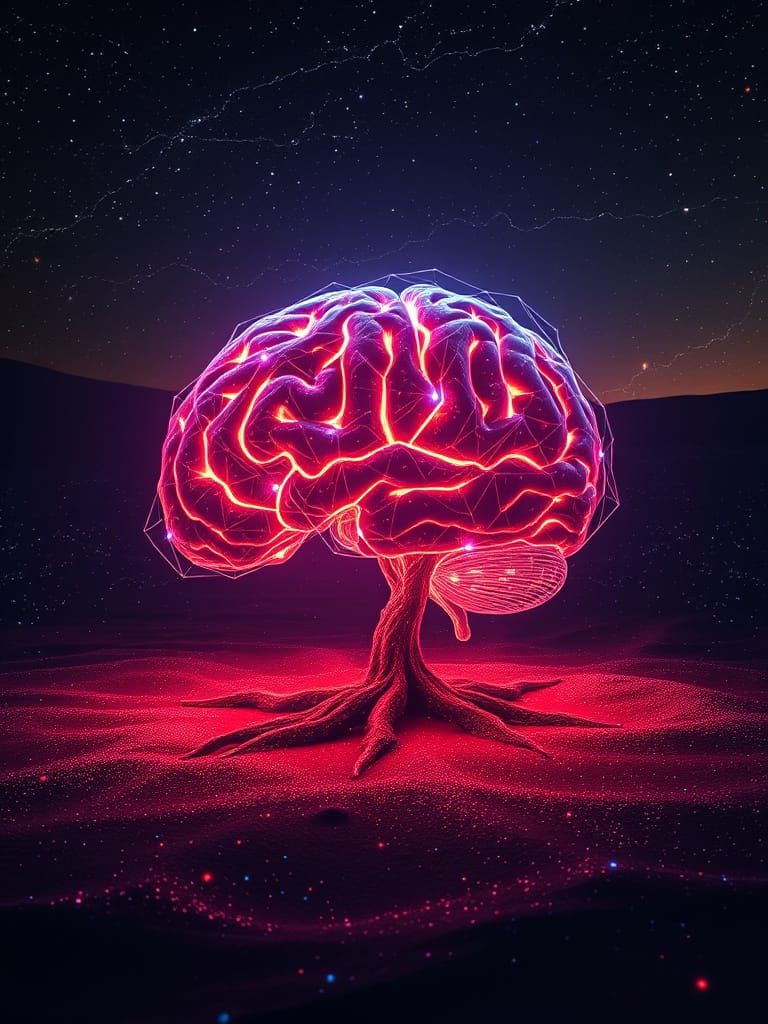 Glowing Brain Tree in a Hypersurrealistic Wasteland