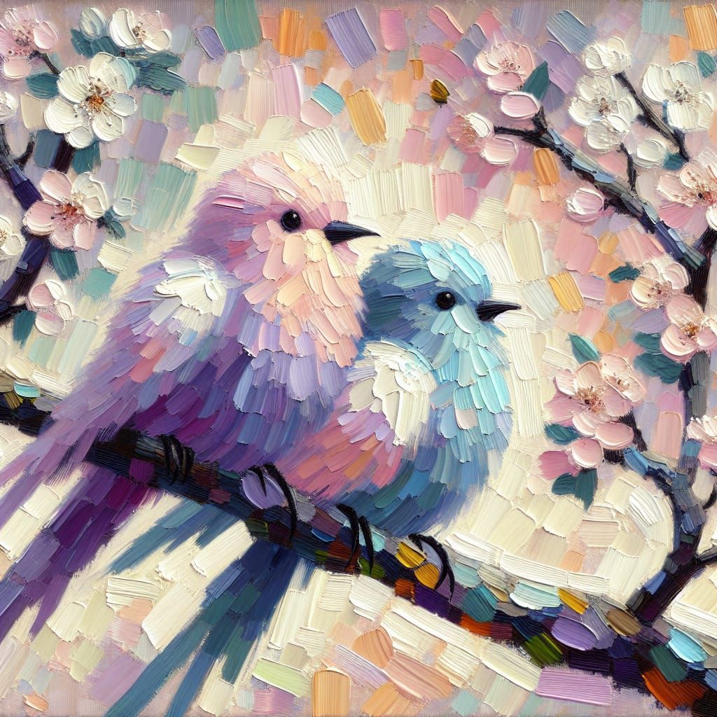Pastel Birds on Blossoming Peach Tree: Impasto Oil