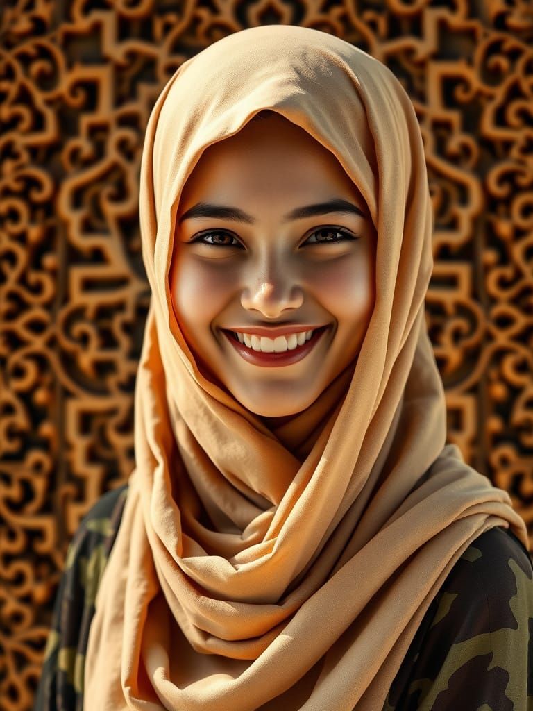 Warm Smile of a Young Woman in Intricately Dressed Hijab