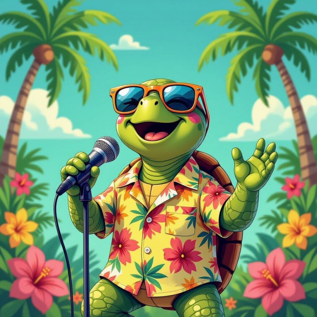 Singing Turtle in Tropical Setting, Whimsical Illustration